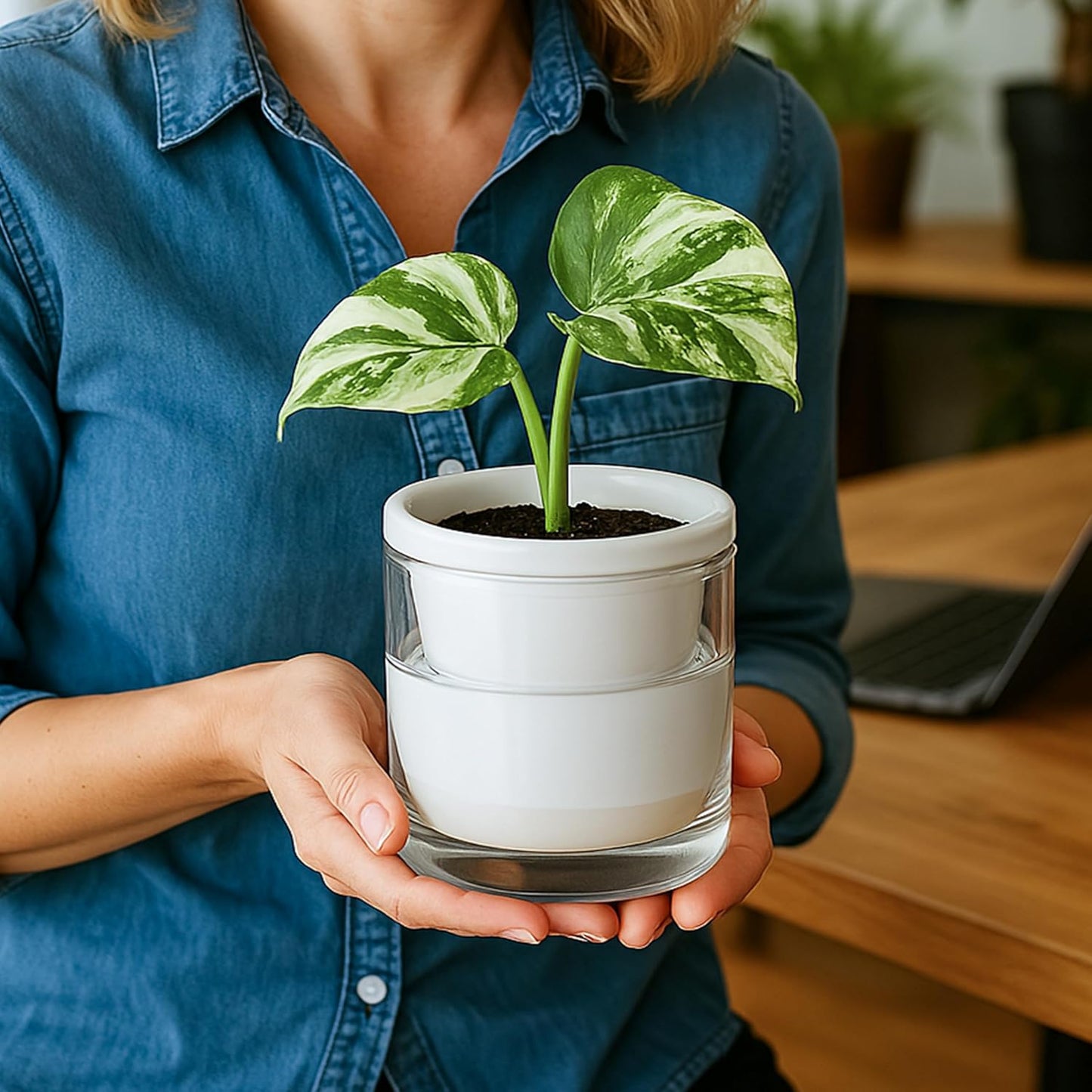 D'vine Dev 4 Inch Design Self Watering Planter for Indoor Plants, White Terracotta Pots with Cylinder Glass Cup, Set of 4, 37-Z-A-2-F