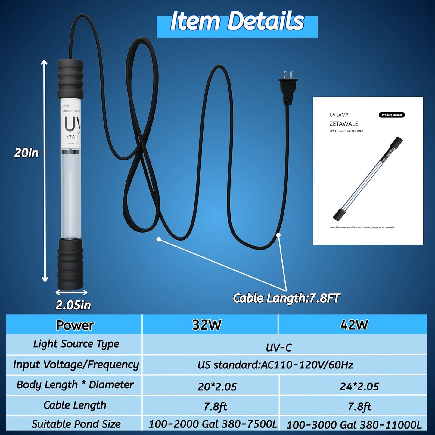 Pond UV Light for Fish Tank UV Pond Water Clarifier for 100-2000 Gallon UV Pond Filter for Koi Pond Swimming Pool Spa Large Fish Tank UV Light Aquarium for Outdoor Pond Algae Control（32W）