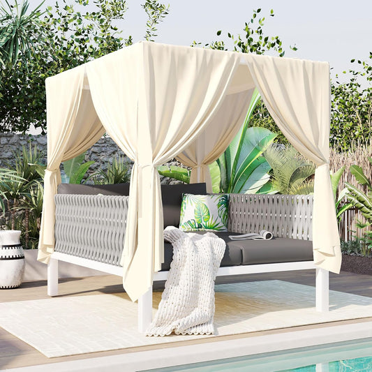Polibi Outdoor Patio Sunbed with Beige Curtains,Outdoor Sun Lounger Bed with Pillows,Rubber Core Rope Weaving Outdoor Double Chaise Lounge Suitable for Pool,Garden,Gray+Beige