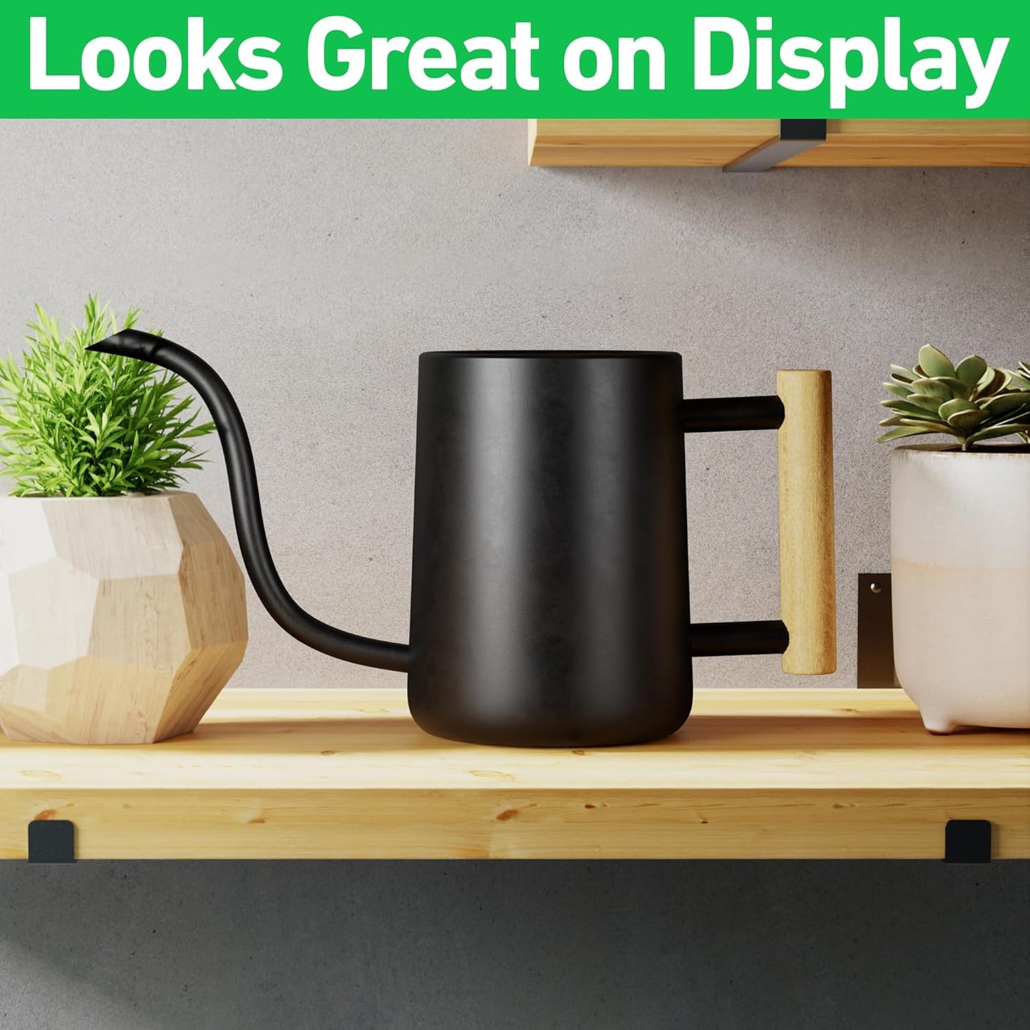 35 Ounce Metal Small Indoor Watering Can with Long Spout & Real Wood Handle for House Plants, Succulents, Cacti & Seedlings - Black Long Spout Watering Can Indoor Plants - Gentle Flow & No Spills