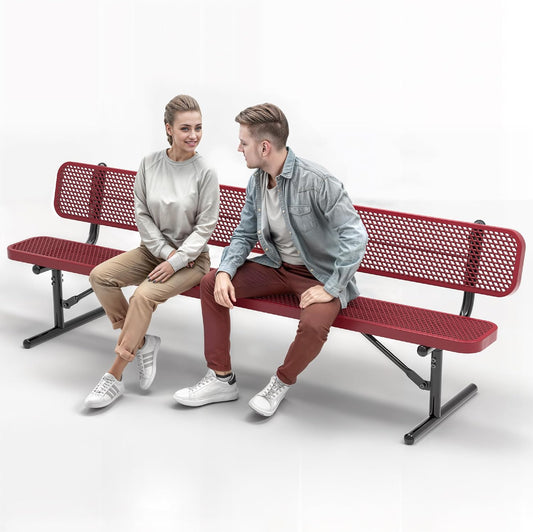 Heavy-Duty Outdoor Metal Bench, Thermoplastic-Coated, Portable, Weatherproof, Commercial-Grade for Parks, Gardens, Patios, Stores & More (8 Ft - Portable with Back, Red)