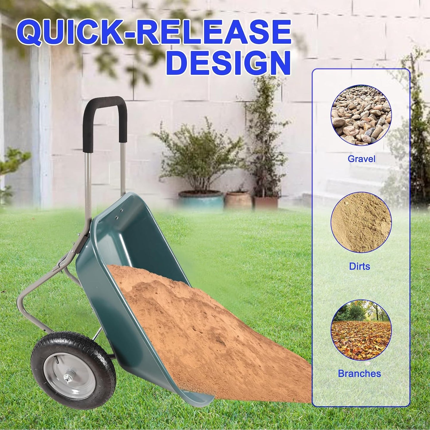 Dual Wheel Wheelbarrow, Heavy Duty Garden Cart, 300 lbs Capacity Utility Cart with Two 15 inches Pneumatic Tires for Outdoor Lawn Yard Farm Ranch (Green)