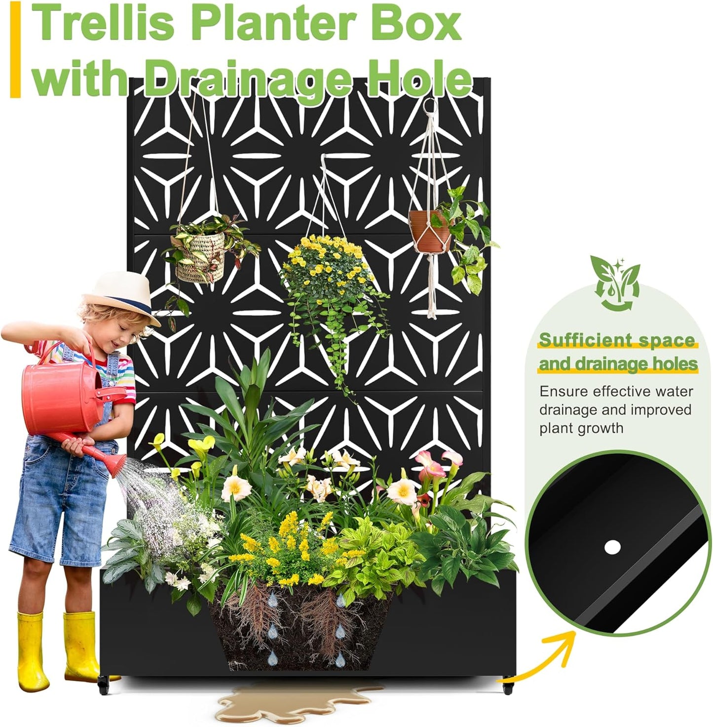 FENCY Metal Raised Garden Bed with Wheels and Trellis,73"x47"x16" Planter Box for Climbing Plants, Vegetables & Vines, Features Privacy Screen and Drainage Holes (Black-Star)