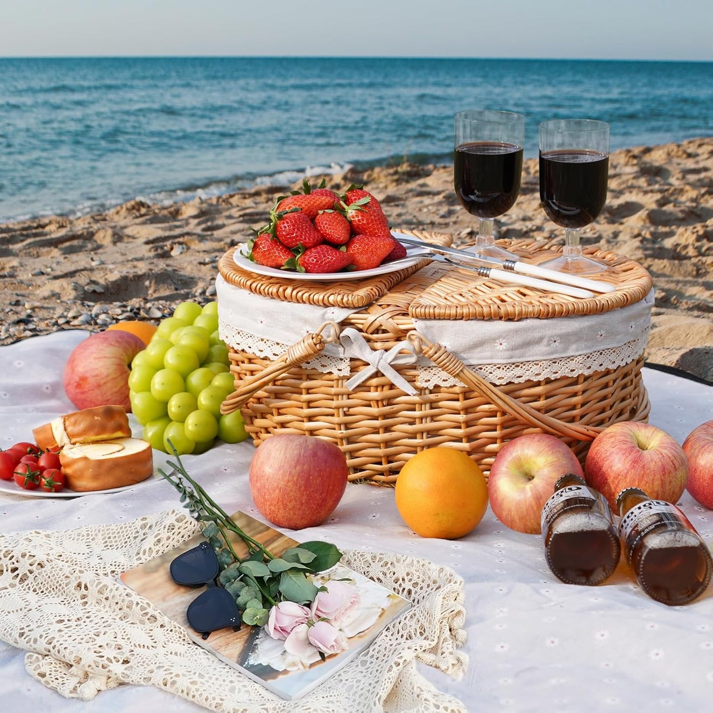 Happypicnic Wicker Picnic Basket with Handle, 15" Large Empty Picnic Basket with Lid & Removable Liner, Vintage Hand Woven Basket for Picnics, Camping, Veg Picking, Mother'S Day, Thanksgiving (Flower)