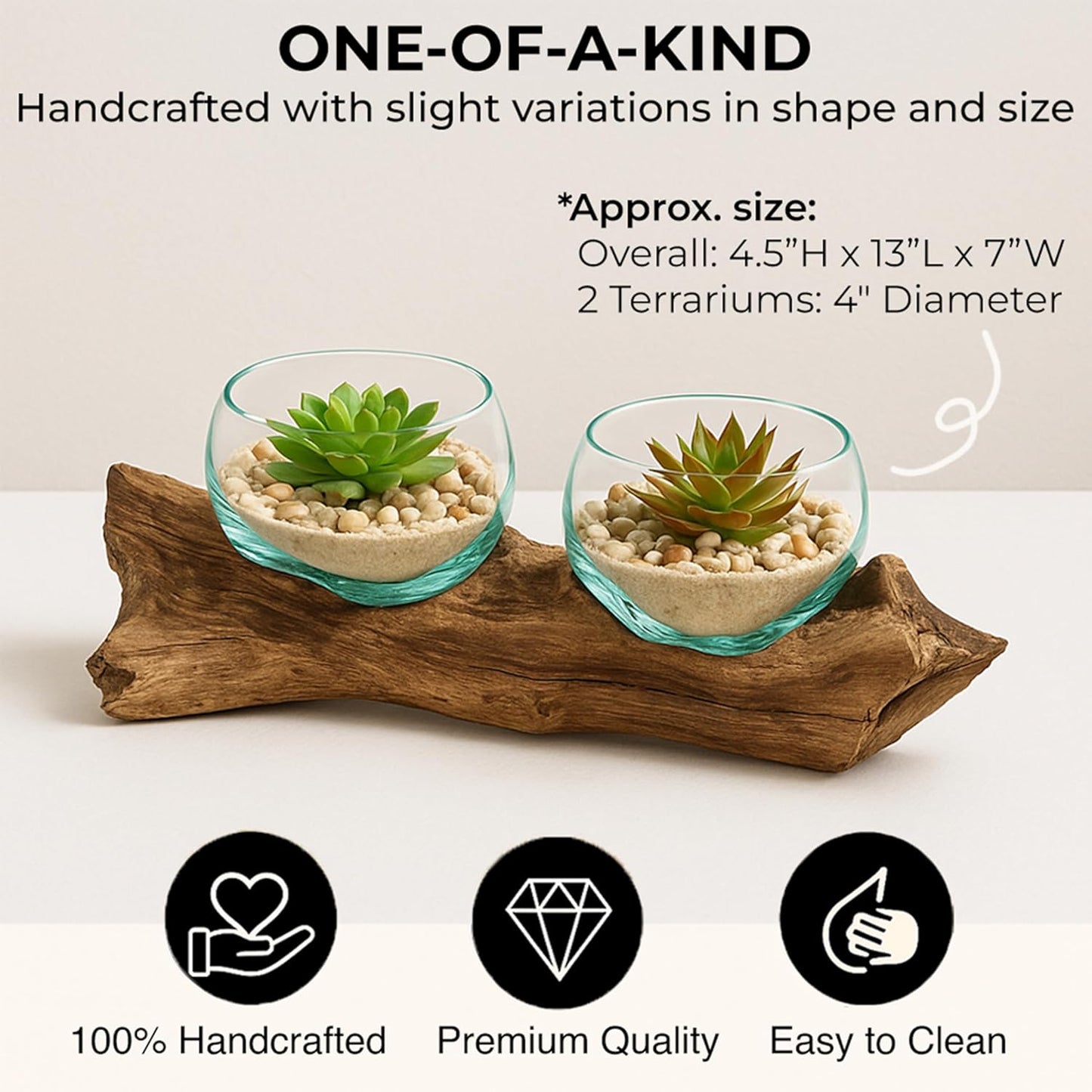 Cape Craftsmen Set of 2 Terrariums | Hand-Blown Blue Tinted Bubble Glass On Natural Teak Driftwood Terrarium | Home Décor Indoor Planter with Stand | Pot for Succulent and Plants