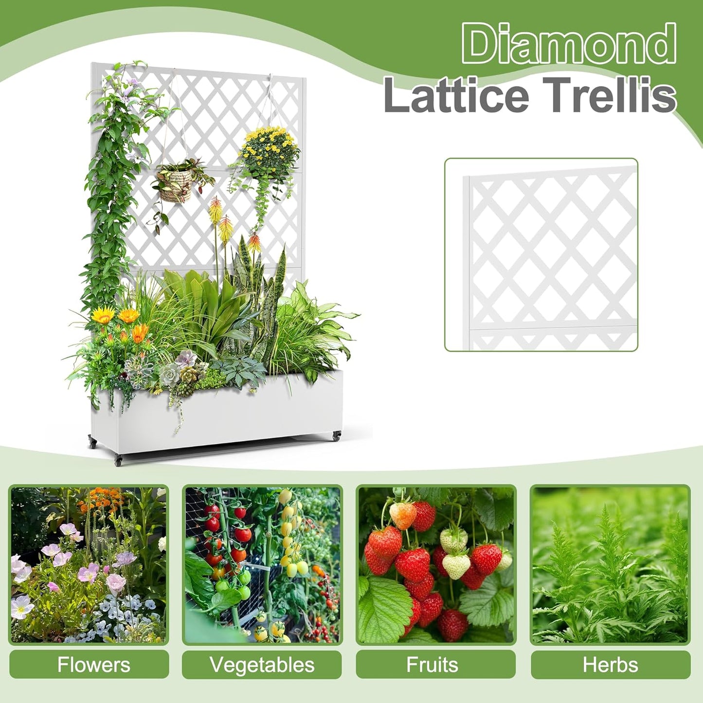 Metal Planter Trellis Box with Wheels & Drain Plug Outdoor Raised Garden Bed Patio Privacy Screen with Planter for Climbing Plants, Vegetables 73"x47"x16" White-Diamond