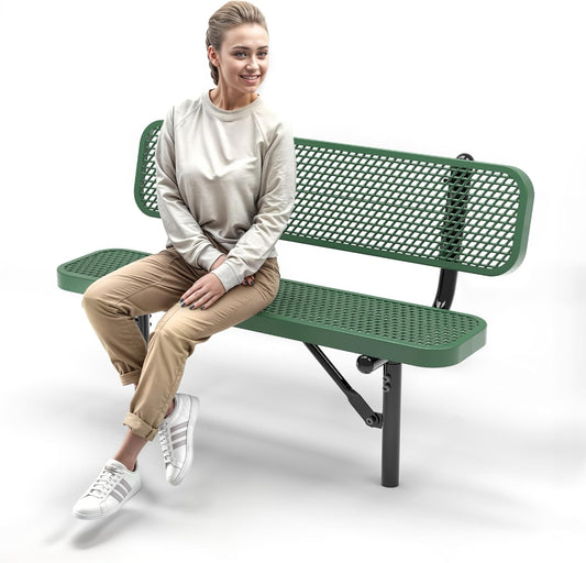 Heavy-Duty Outdoor Metal Bench, Thermoplastic-Coated, Inground, Weatherproof, Commercial-Grade for Parks, Gardens, Patios, Stores & More (4 Ft - Inground with Back, Green)