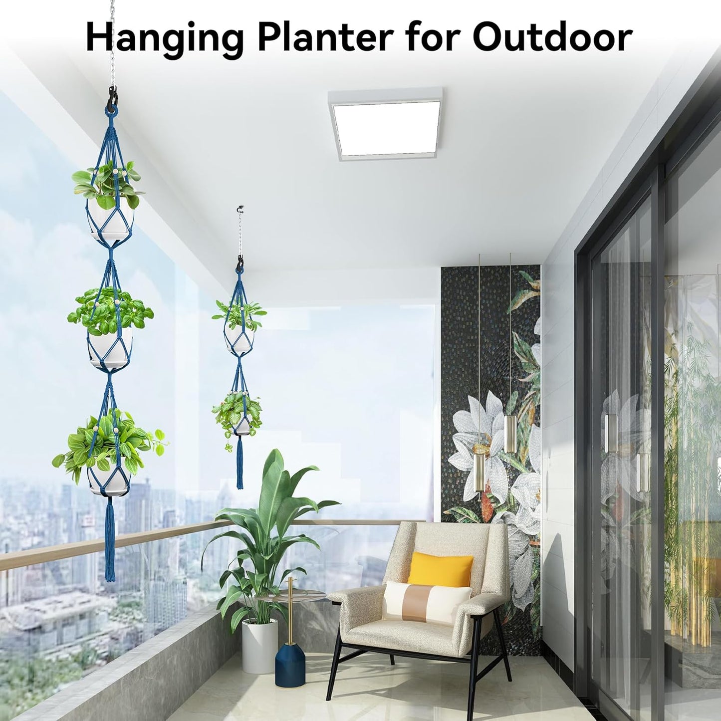 USLAI Macrame Plant Hanger Indoor Outdoor, Up to 4-15 inch Pot, Heavy 20lb Planters, Extra Long Strong Hanging Planter Basket Holder, Boho Home Decor, 49+72 Inch, Blue (POTS NOT Included)