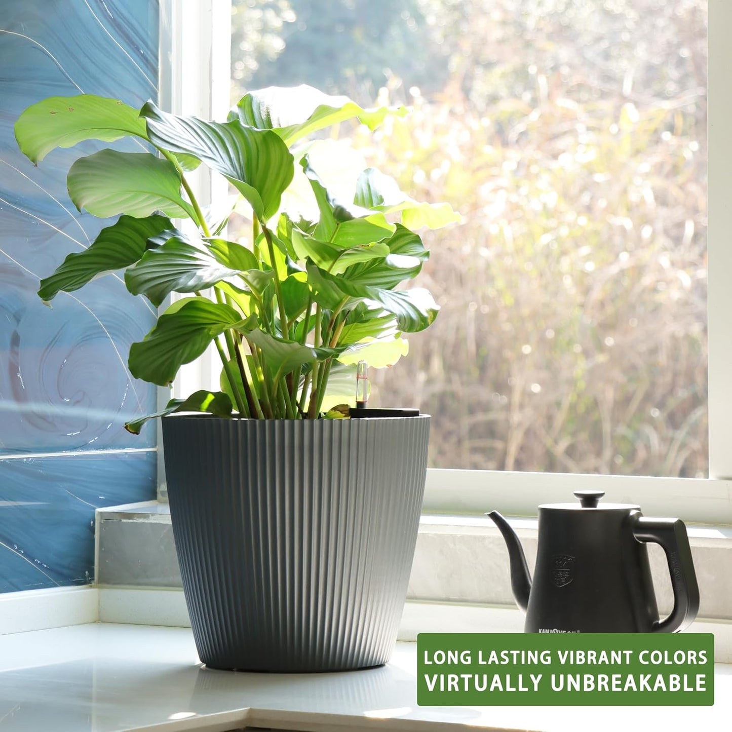 Dexceder 11x10 Self Watering Planters Indoor, Inner Mat Design, Table Flower Plant Pot with Water Level Indicator (2 Pack, Gray)