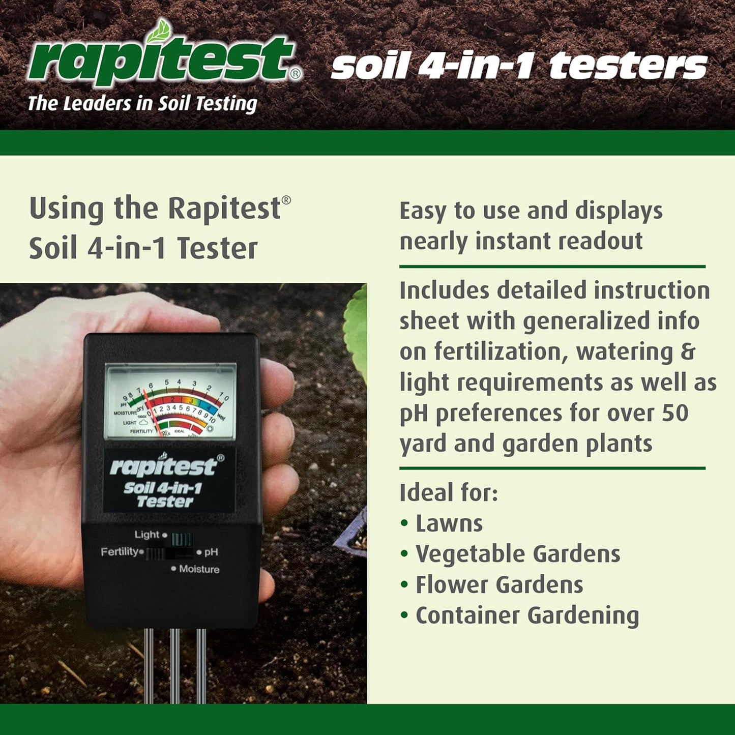 Luster Leaf 1818 Rapitest 4-in1 Soil pH/Moisture/Fertility/Light Tester, Fertility