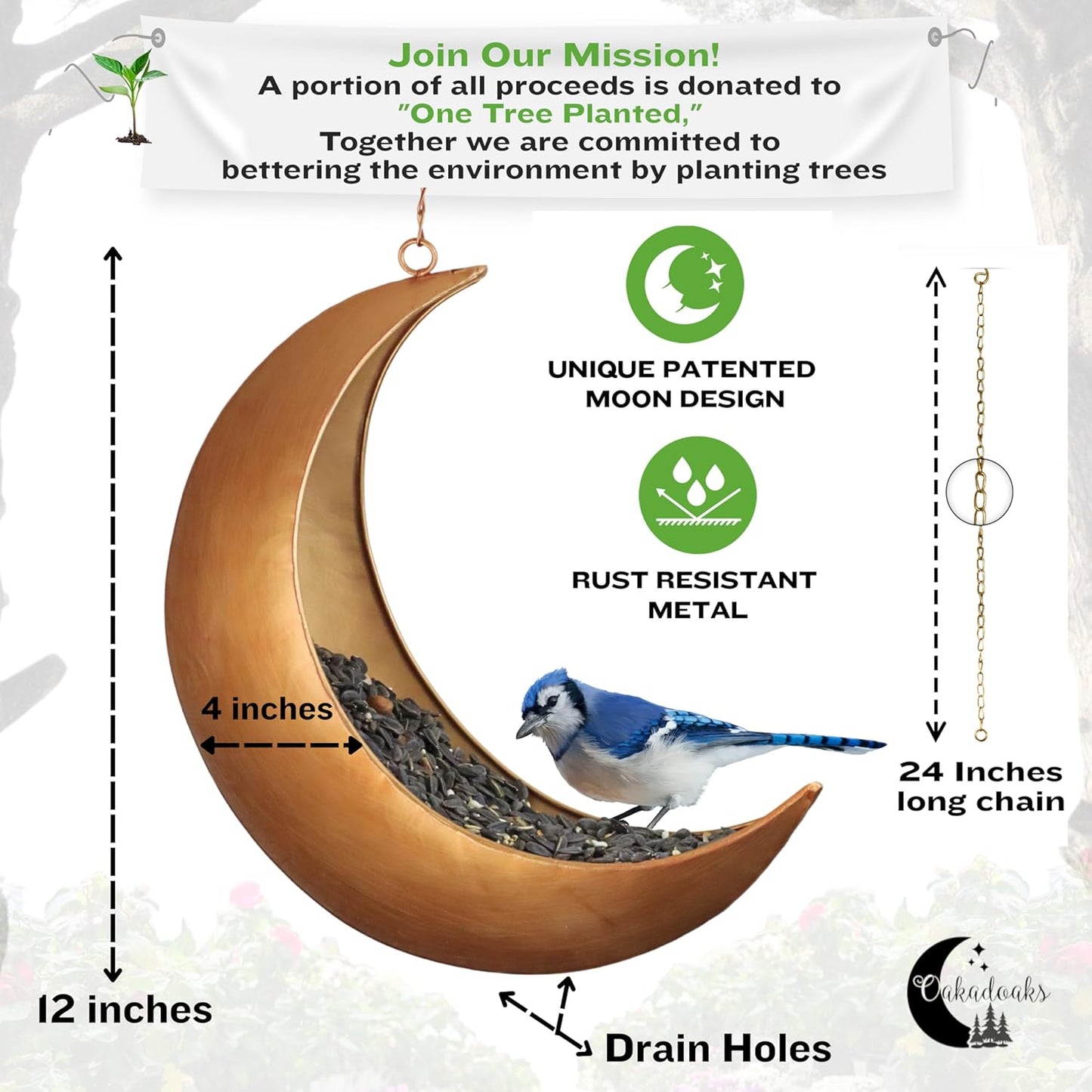 Hanging Moon Bird Feeder – Unique Metal Bird Feeders for Outdoors, Antique Gold, Rust-Resistant, Drain Holes – Wild Bird Feeder for Bluebirds, Cardinals, Finches, and Backyard Birdwatching