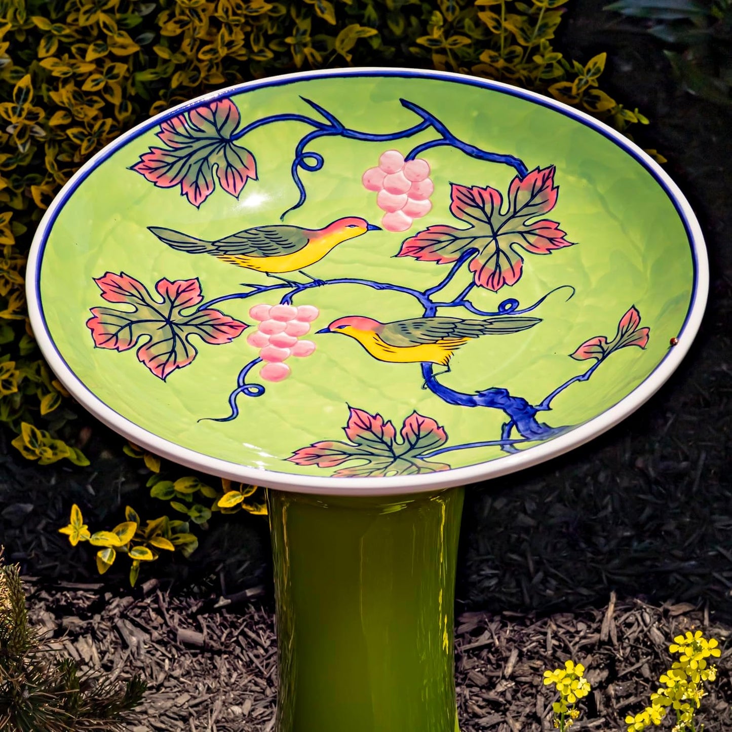 Zaer Ltd. Porcelain Birdbath with Hand Painted Details (24" Tall, Birds & Grapes)