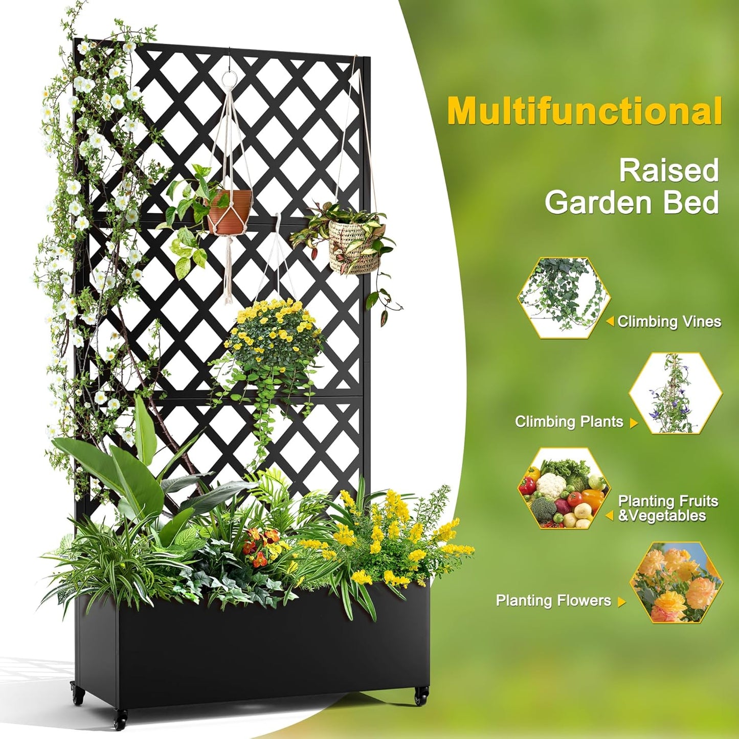 FENCY Metal Planter Box with Diamond Lattice Trellis Planter Box for Climbing Plants/Vines, Galvanized Raised Garden Bed On Wheels, Garden Bed with Trellis(73"x35" Black)