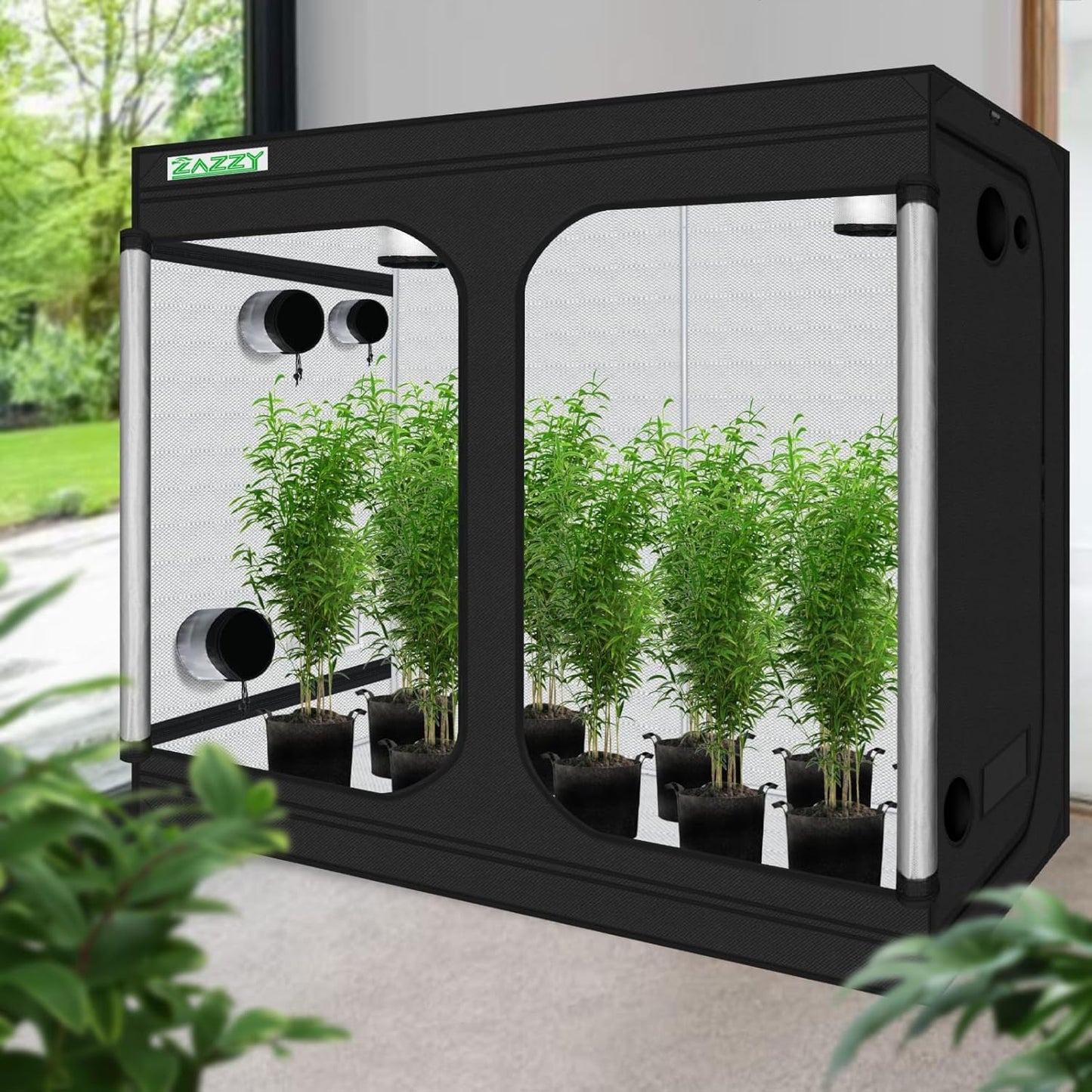 zazzy Grow Tent, 120"x60"x78" Hydroponic Mylar Grow Tent Reflective Garden Growing Dark Room with Observation Window, Removable Floor Tray and Tool Bag for Indoor Plant Growing 10x5