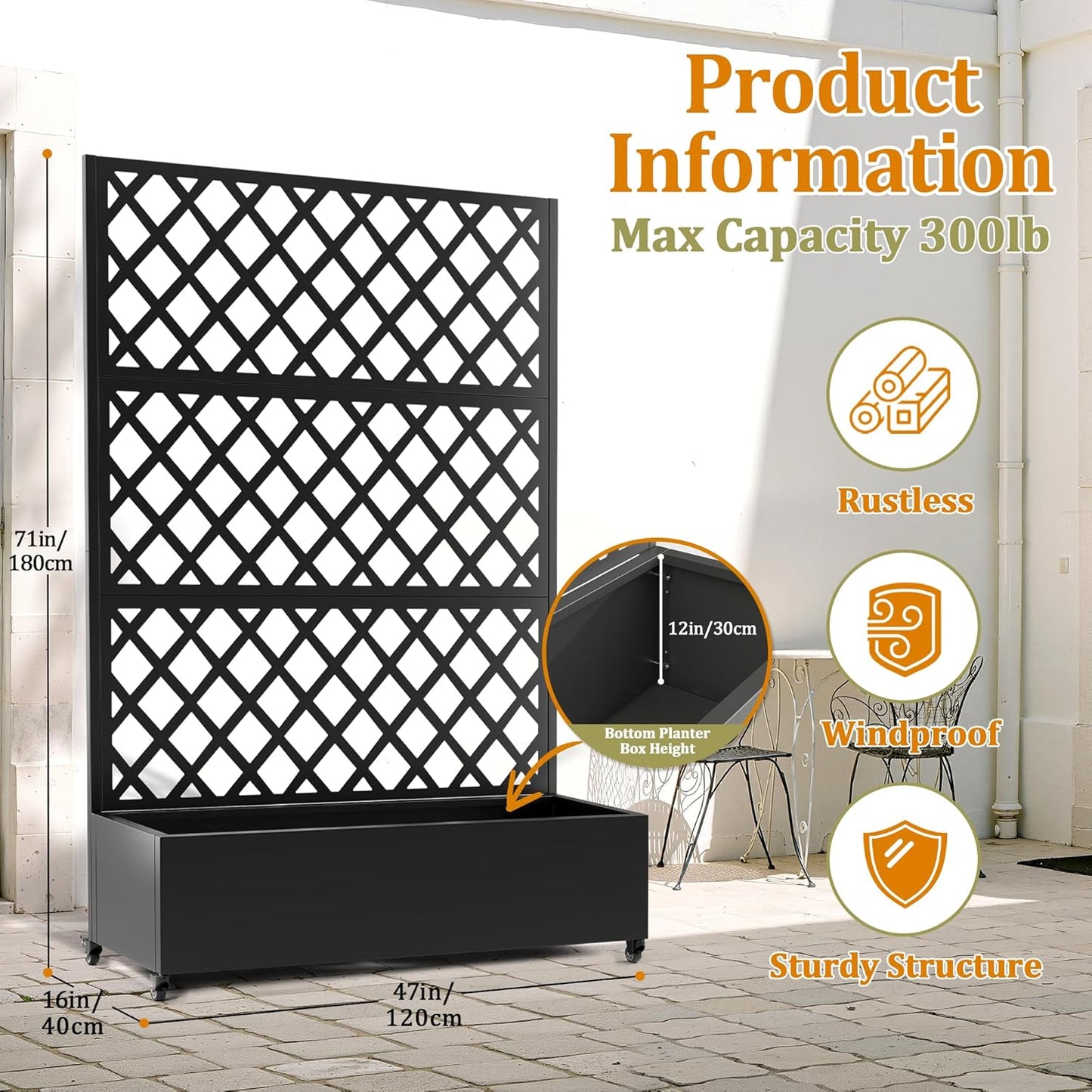 Metal Planter Box with Trellis, Heavy-Duty Raised Garden Bed for Climbing Plants, Drainage Hole, Outdoor Planter Box with Privacy Screen，47''L×16''W×71''H