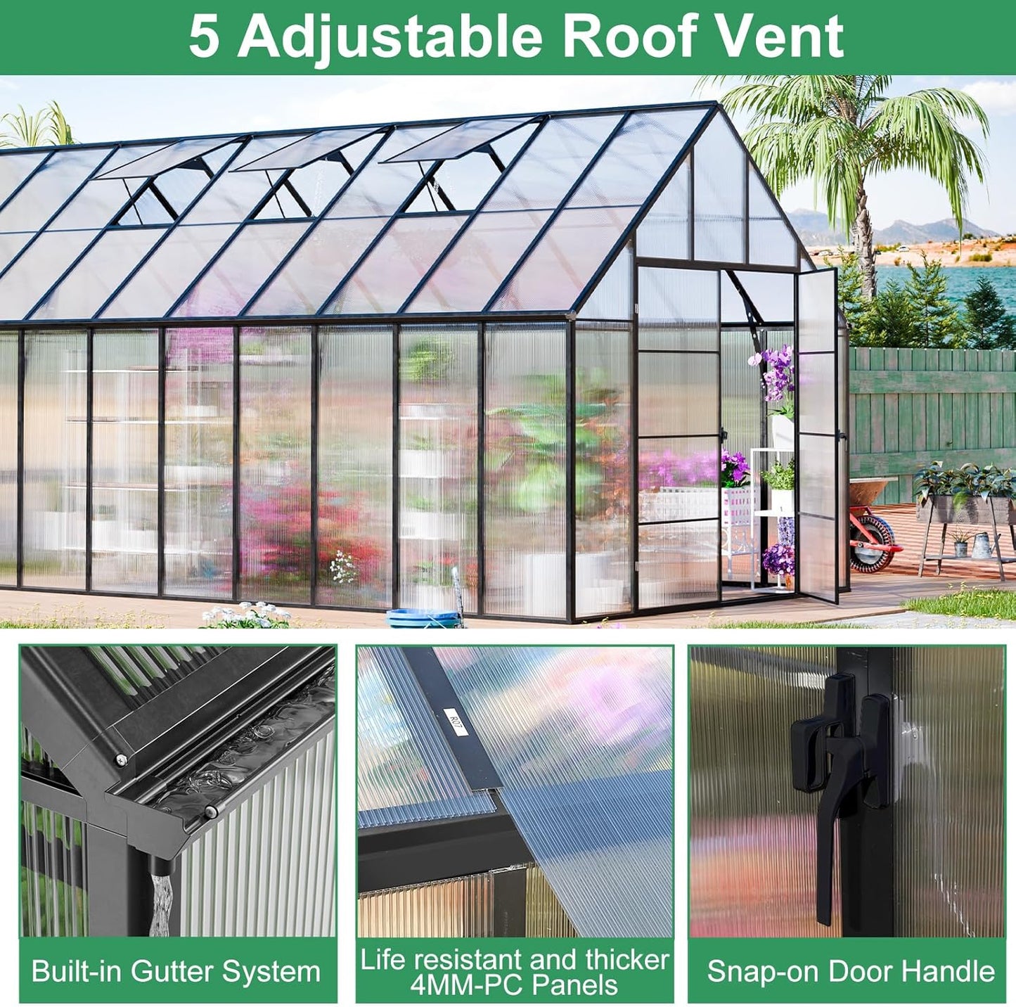 CDCASA 10x20 FT Greenhouse for Outdoors,Large Easy Assembly Large Polycarbonate Greenhouse Aluminum Greenhouses w/4 Vents Window, Swing Door Walk-in Green House for Ouside,Backyard,Garden, Black