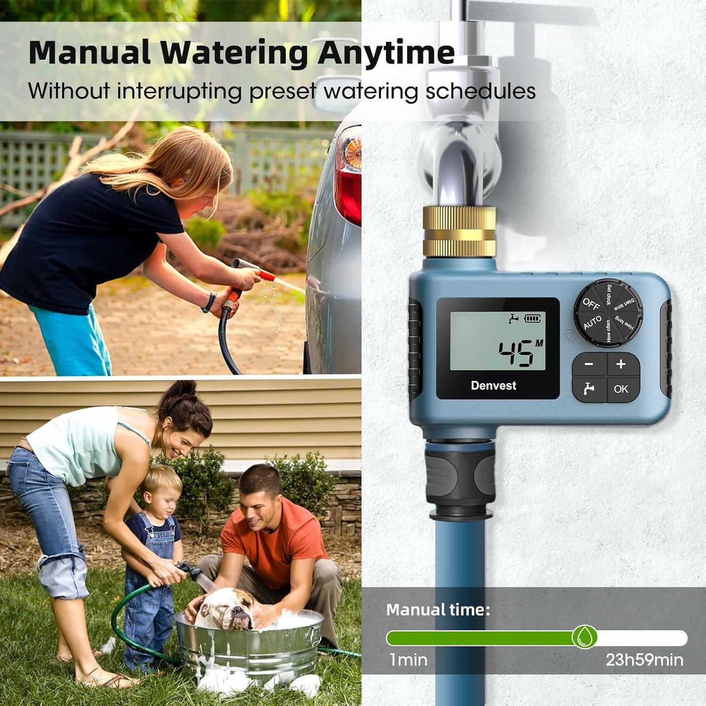 Hose Timer with Brass Inlet & Outlet, Water Timer for Garden Hose Faucet, Sprinkler Timers Outdoor, Irrigation Timers with Rain Delay/Manual for Garden/Outdoor Hose, Yard, Lawns, 1 Outlet