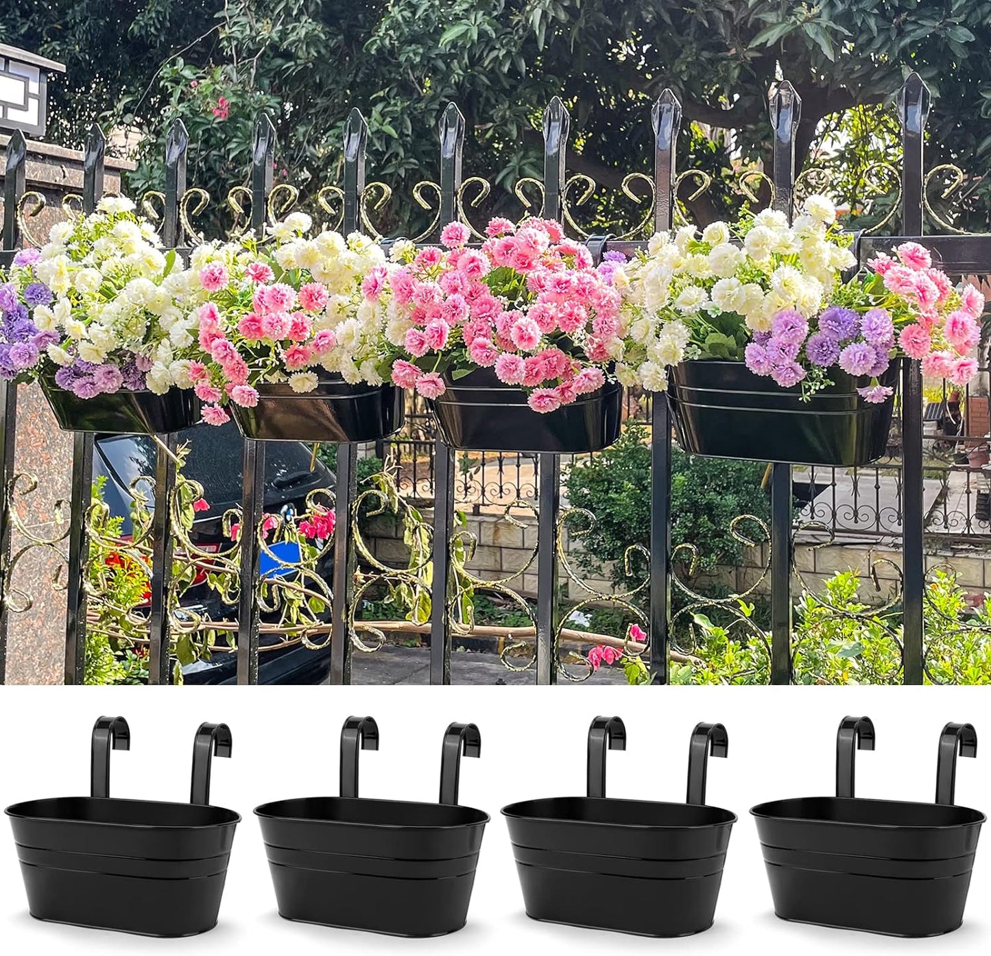 OGIMA 4pcs Hanging Flower Pots, Metal Iron Wall Planter Indoor/Outdoor for Railing Fence Balcony Garden Home Decoration with Detachable Hooks
