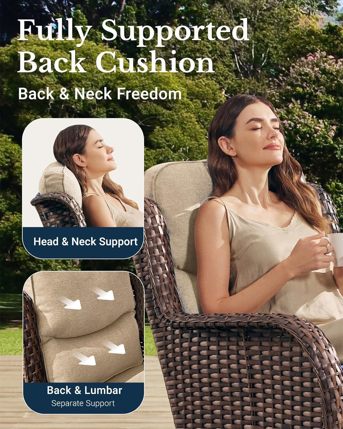 HILLGA Luxury Patio Furniture Set with 6-inch Thick Cushion, Outdoor High Back Swivel Rocker Patio Chairs, 6PCS Wicker Conversation Set for Deck Yard and Poolside, Beige (V2)