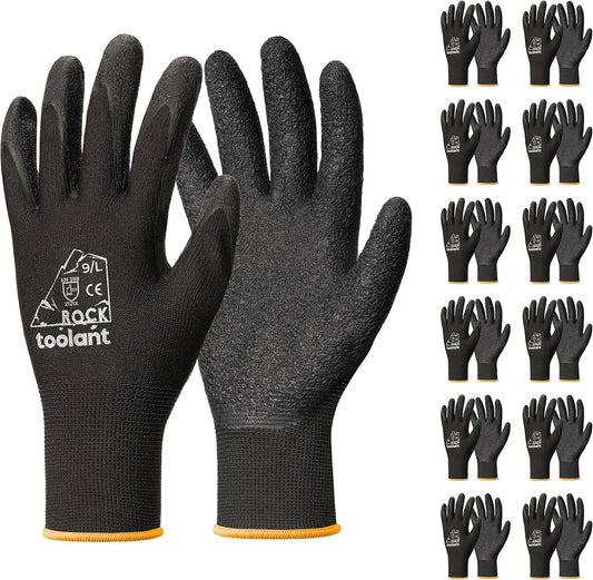 toolant Crinkle Latex Work Gloves Bulk, Rubber Coated Safety Work Gloves for Men and Women, 12 Pairs for Construction, Gardening, Warehouse (Black, Medium)