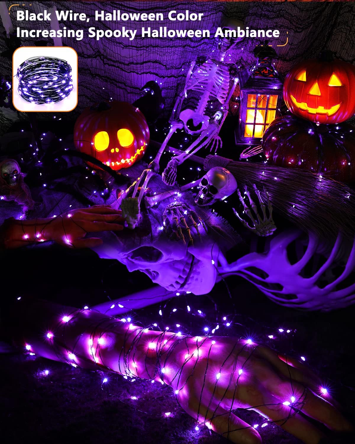 Brizled Halloween Fairy Lights, 2 Pack Total 78FT 240 LED Purple Fairy Lights, 8 Modes Solar Powered Purple Light, Twinkle Outdoor Halloween Light String for Outside Party Home Decor Black Wire