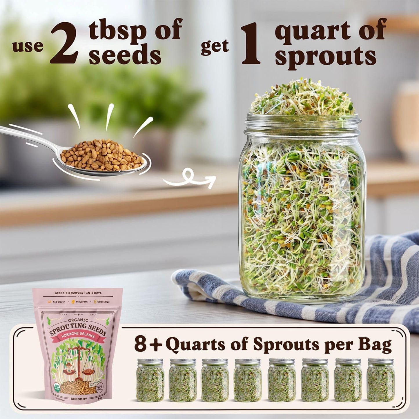 Seedboy Organic Sprouting Seeds - Hormone Balance Blend - Non-GMO USA Grown Microgreens Mix - Golden Flax, Red Clover, Fenugreek - Makes 8 Quarts of Sprouts, 24 Servings (8oz) (Hormone Balance Blend)