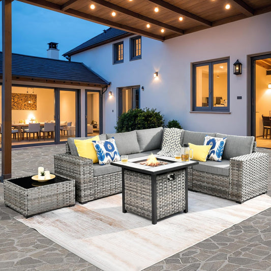 ovios 7 Pieces Patio Furniture Set, Outdoor Wicker Sectional Sofa with 30 Inch Fire Pit Table Comfy Cushions, Modern Modular Deep Seat Rattan Couch Conversation Set, Dark Grey