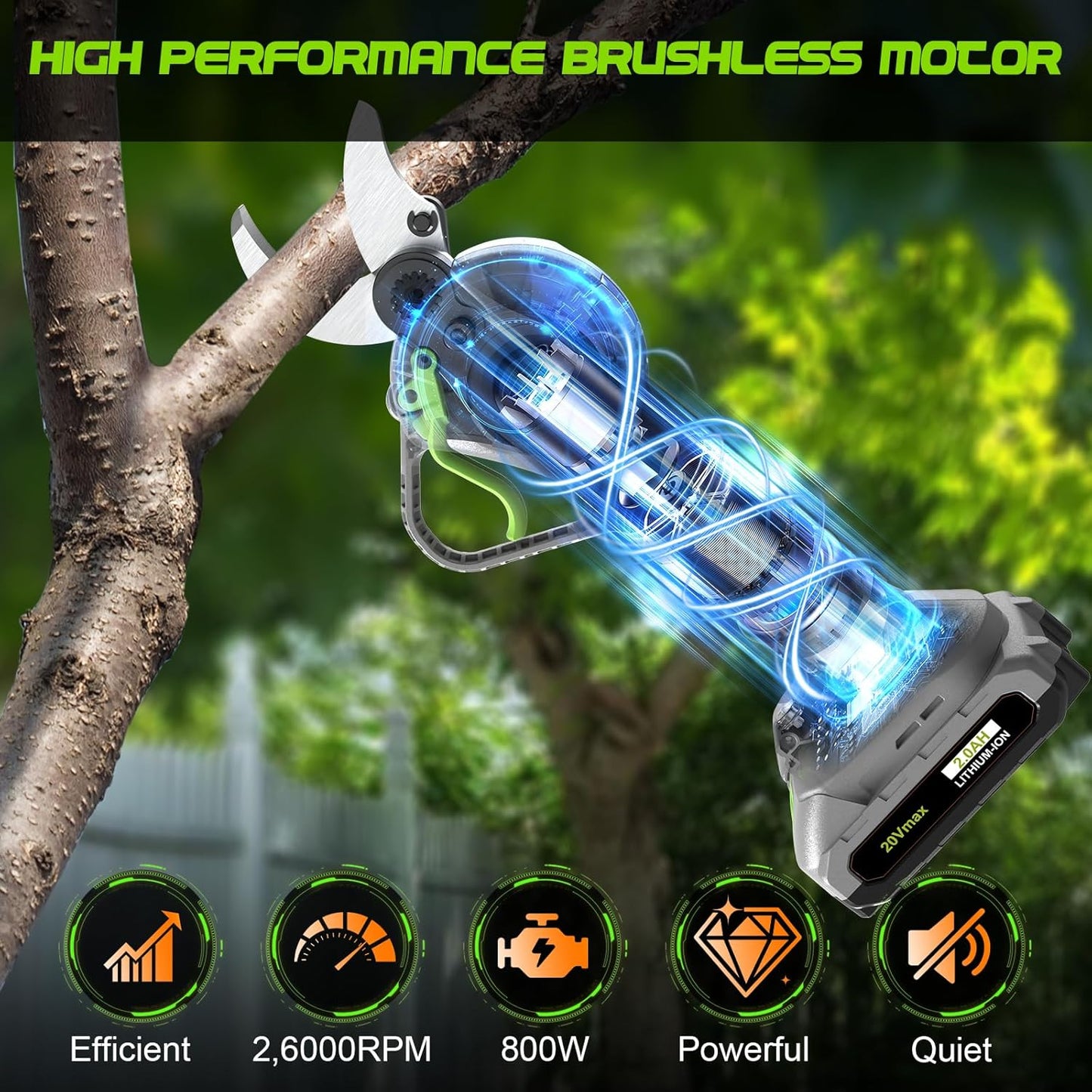 2 In 1 Pole Pruning Shears Cordless (2025 Upgraded), Electric Pruning Shears with LCD Display, 30mm Cutting Diameter Pole Pruners for Tree Trimming, with 2 Pack 2.0Ah Batteries and Goggles