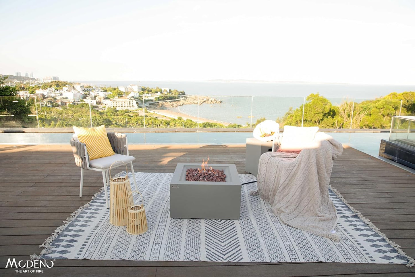 AMS Fireplace | Modeno Ridgefield Package | Light Gray Liquid Propane Gas Fire Pit Table for Outside Patio Bundle with Tank Cover, Wind Guard, SS Burner Lid | Free Ice Bucket & Rubber Mat