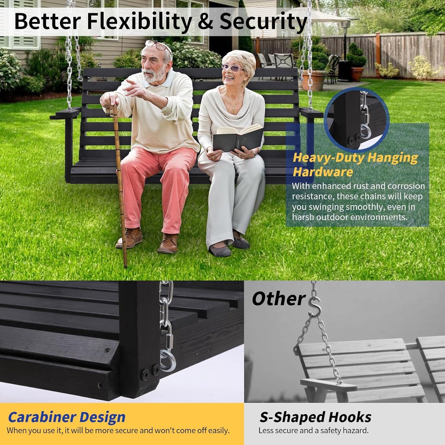 Wooden Porch Swing with Cup Holder, Outdoor Patio Swing Bench for Courtyard & Garden, Upgraded 4 FT Heavy Duty 880 LBS Porch Swing, Outdoor Swing with Hanging Chains, Black