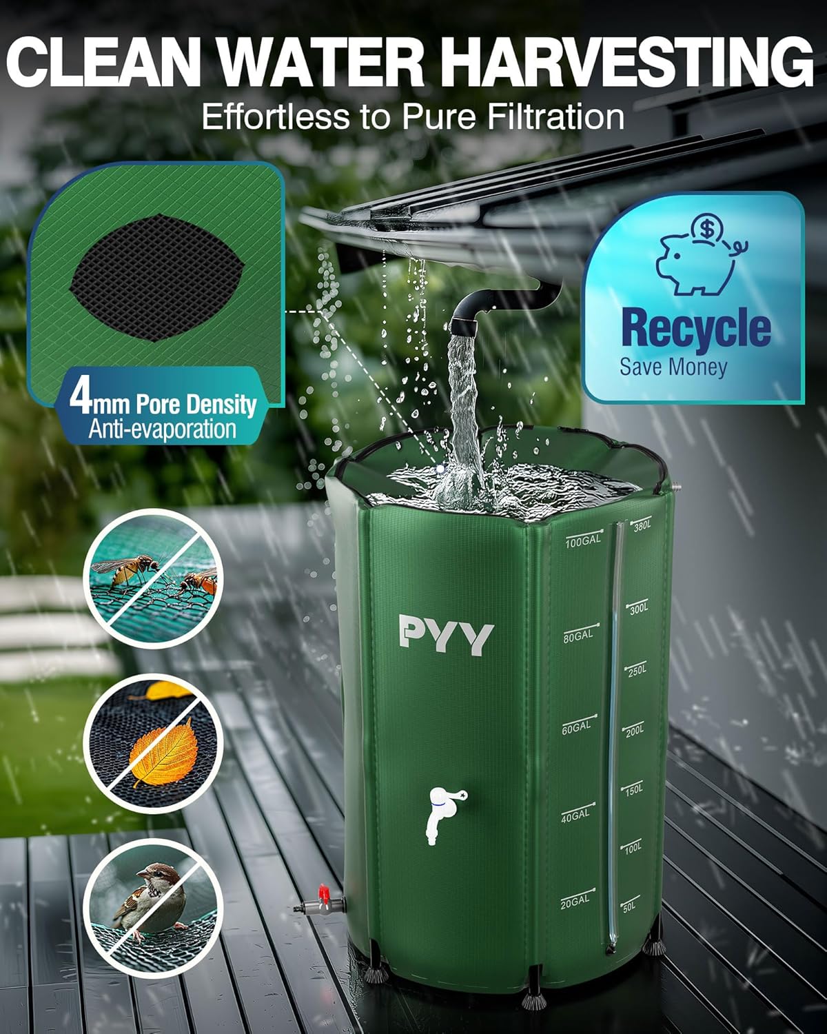 PYY Rain Water Collection Barrel - 100 Gallon Green Water Storage Tank with Spigots, Hose and Portable Bucket, Large Plastic Collapsible Rain Catcher Catchment System to Collect Rainwater from Gutter