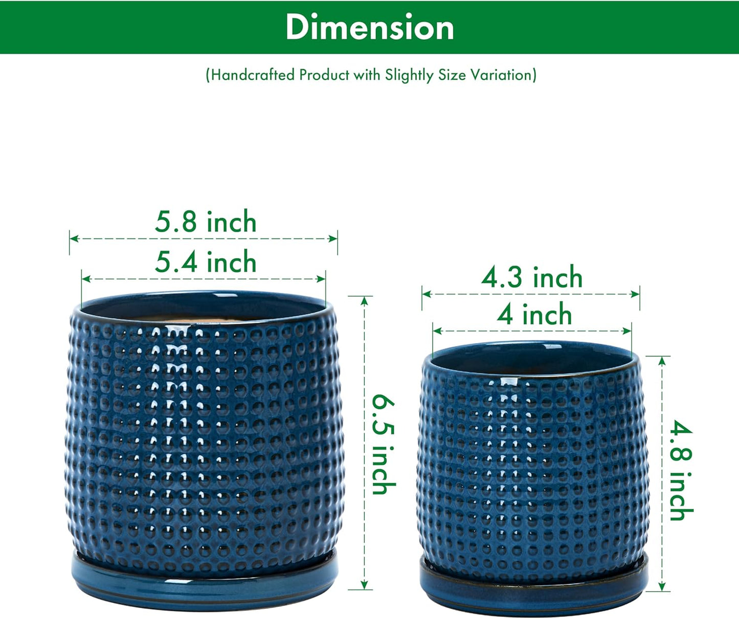 D'vine Dev 6 Inch 4 Inch Ceramic Indoor Planter Pots with Drainage Hole and Saucer, Beaded Design Flower Pots, Set of 2, Blue, 27-D-U-3