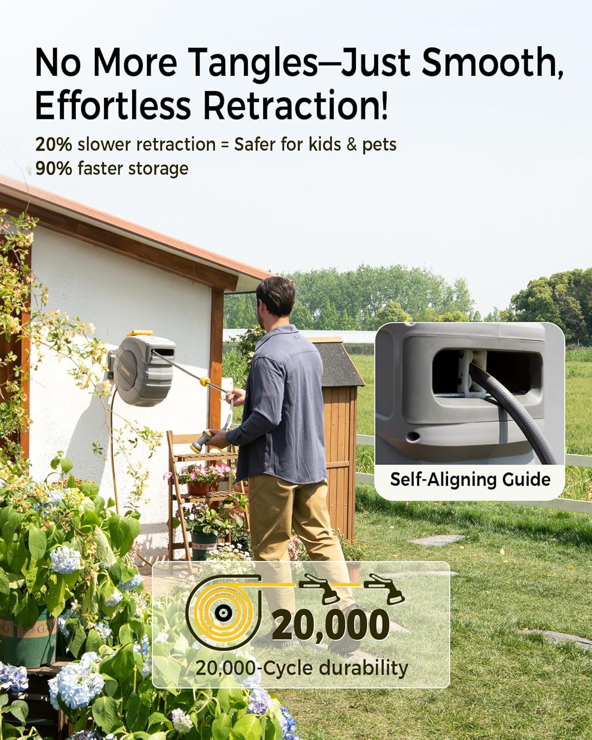 Retractable Garden Hose Reel 5/8 in x 65 ft, 2025 Upgraded Dual Ratchet Lock UV & Freeze Protection Brass Seal Slow Retraction Anti-Tangle Hose 180°Swivel Reinforced Scaffold Wall Mount