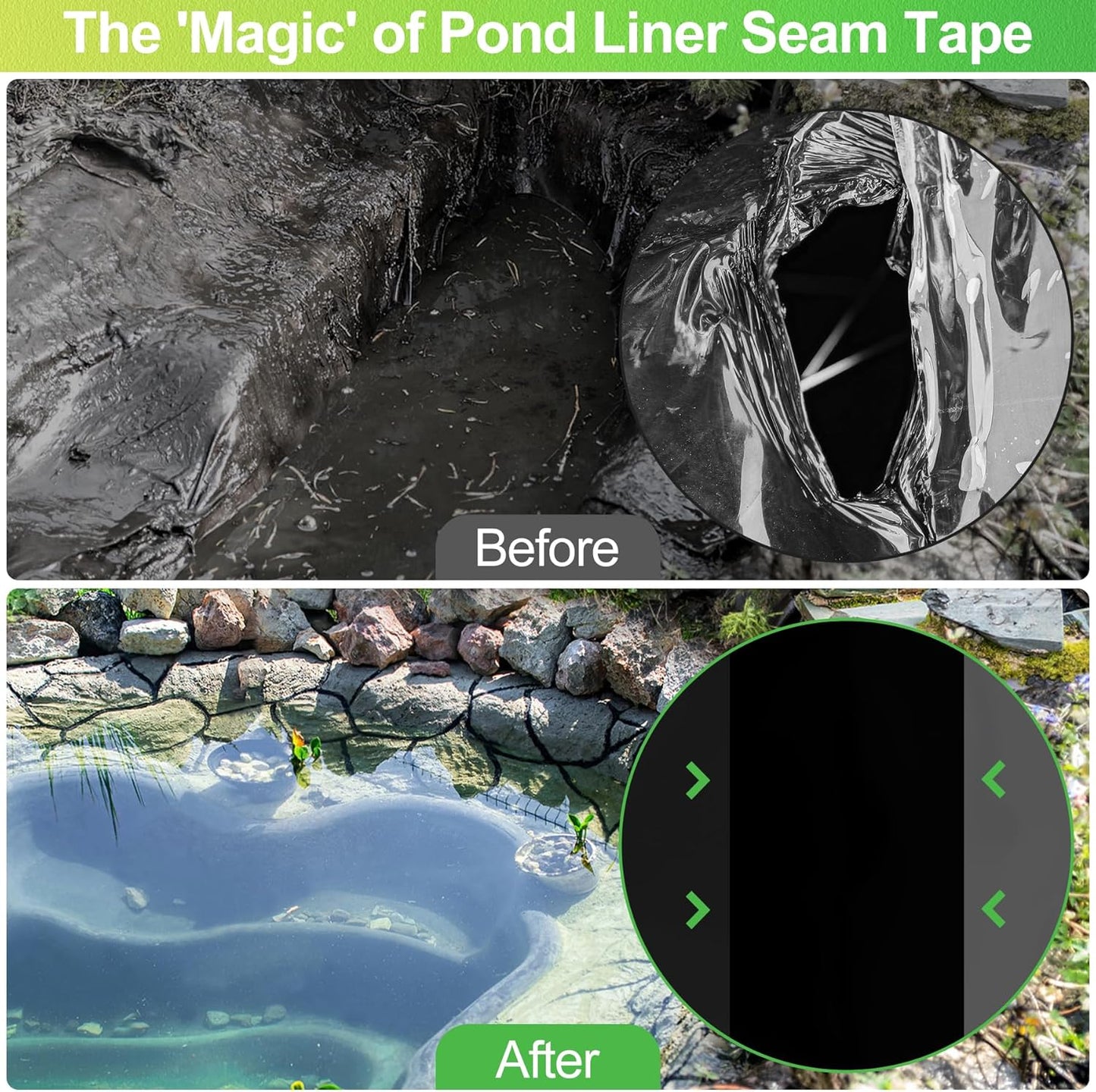 ToLanbbt 2PCS Pond Liner Repair Patch, 8'' x 8'' Self Adhesive Waterproof EPDM Liner Repair Patch Kit Thickened Rubber Pond Seam Peel and Stick Seam Kit for EPDM Garden Cover