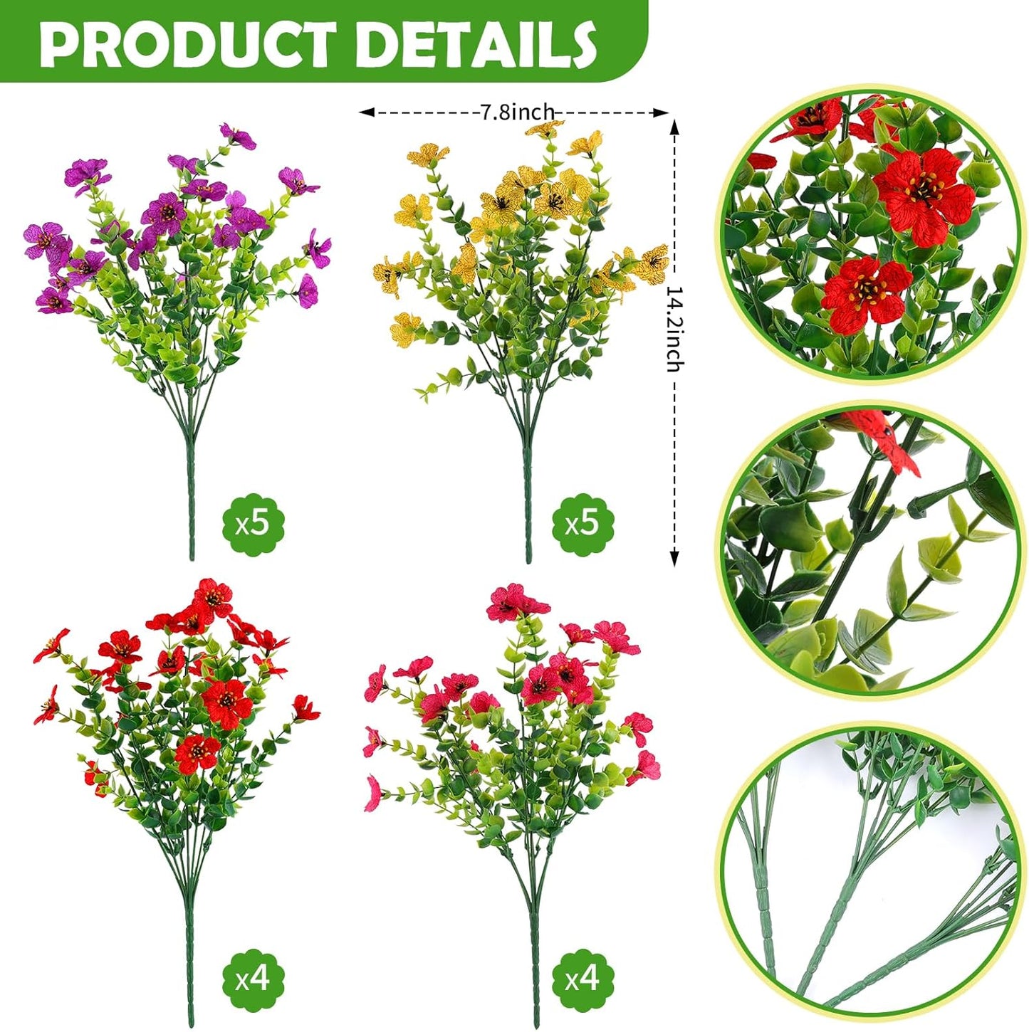 18 Pcs Artificial Flowers for Outdoors UV Resistant Fake Flower Plastic Spring Flowers Faux Silk Plants for Outside Porch Window Easter Patio Home Decor (18, Red, Purple, Yellow, Rose Red)