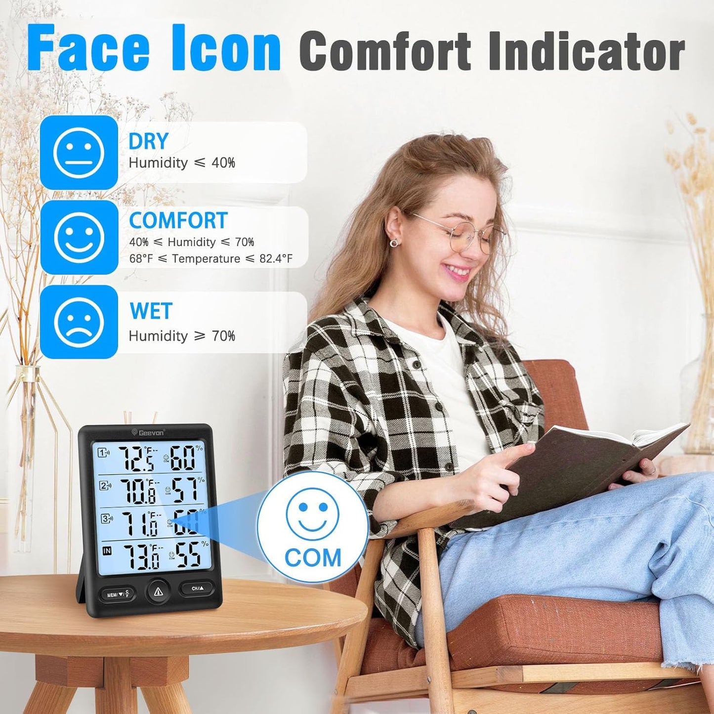 Geevon Indoor Outdoor Thermometer Wireless 3 Remote Sensors, 5-Inch Display Digital Hygrometer Thermometer Temperature Humidity Monitor with 8S Backlight, Battery-Powered (Black)