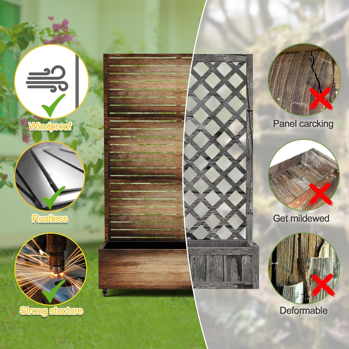 FENCY Metal Raised Garden Bed with Wheels and Trellis,73"x47"x16" Planter Box for Climbing Plants, Vegetables & Vines, Features Privacy Screen and Drainage Holes (Vintage Wood Color)