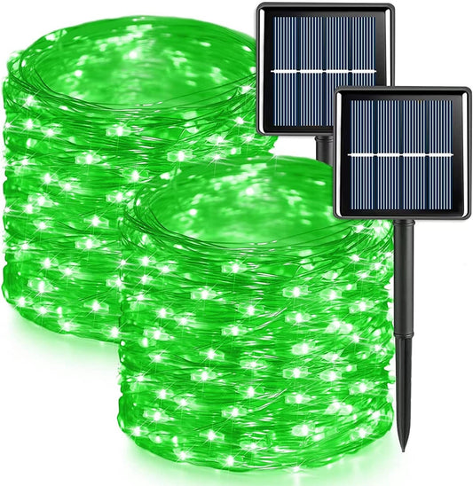 QITONG 2 Pack Green Solar Fairy Lights, Each 66ft 200 LED Solar String Light, 8 Modes Silver Wire Solar Twinkle Mini Lights