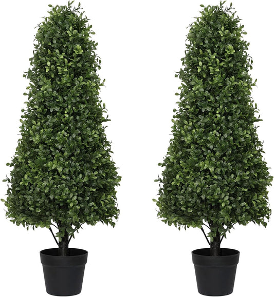 3ft Artificial Boxwood Topiary Trees (Set of 2) - UV Resistant Faux Plants Outdoor, Realistic 36" Fake Cone Bushes and Shrubs for Front Porch, Planter, Patio - Low Maintenance & Evergreen