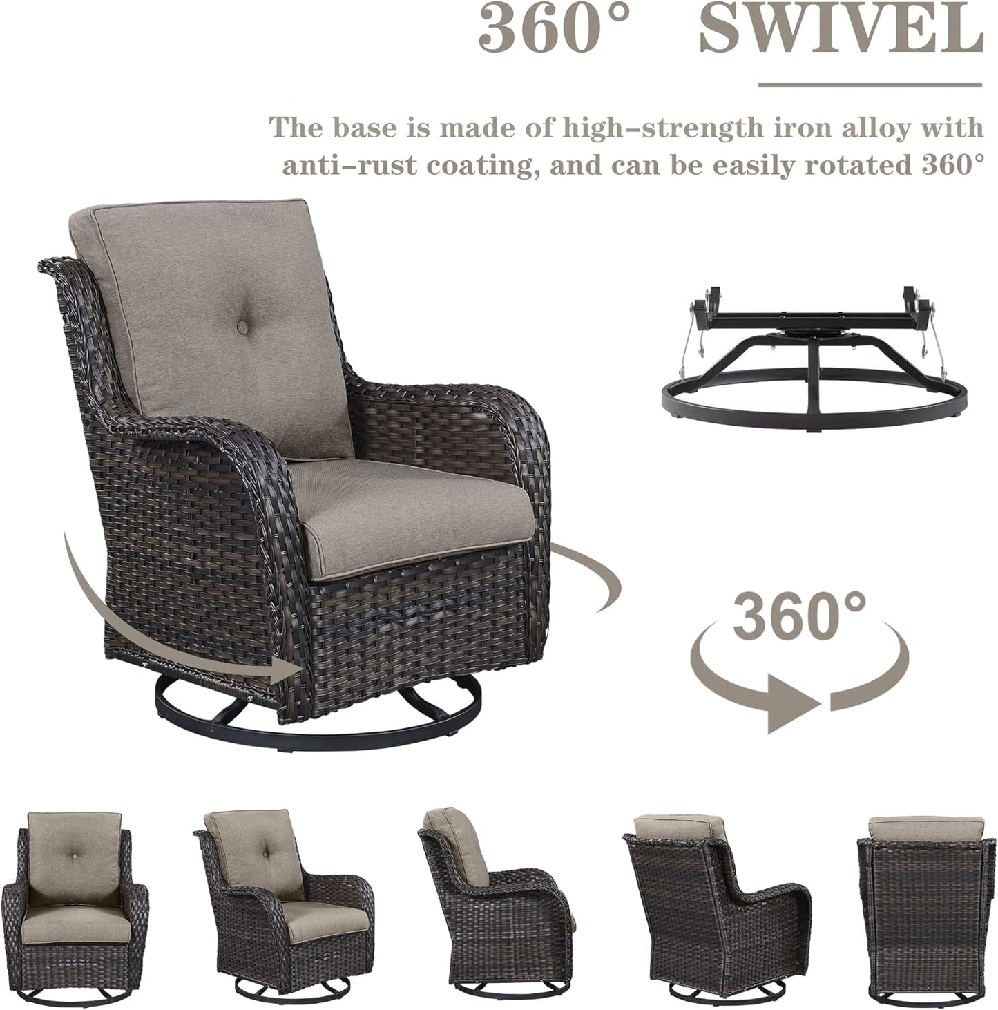 Outdoor Wicker Furniture Patio Set - 7 Piece Backyard Furniture Brown Rattan Conversation Sets with Swivel Rocker Chairs, Rattan Sofa, Club Chairs and Coffee Table, Grey Cushion