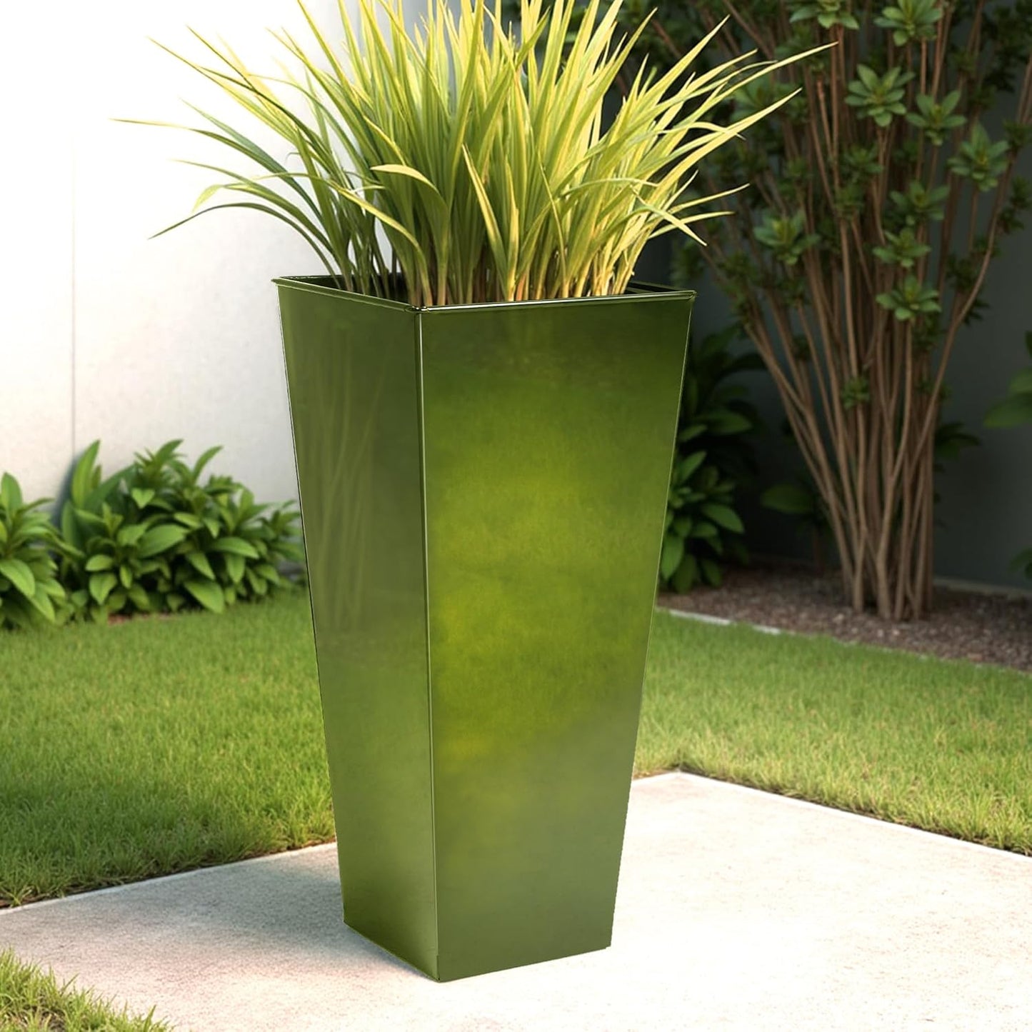 WORTH Garden 25" Large Metal Glazed Planter Set of 2, Luxurious Glossy Finish Green Tall Square Tapered Steel Plant Pots, Decor Flower Pot Indoor & Outdoor, Drainage Hole & Dual-Purpose Plant Saucer