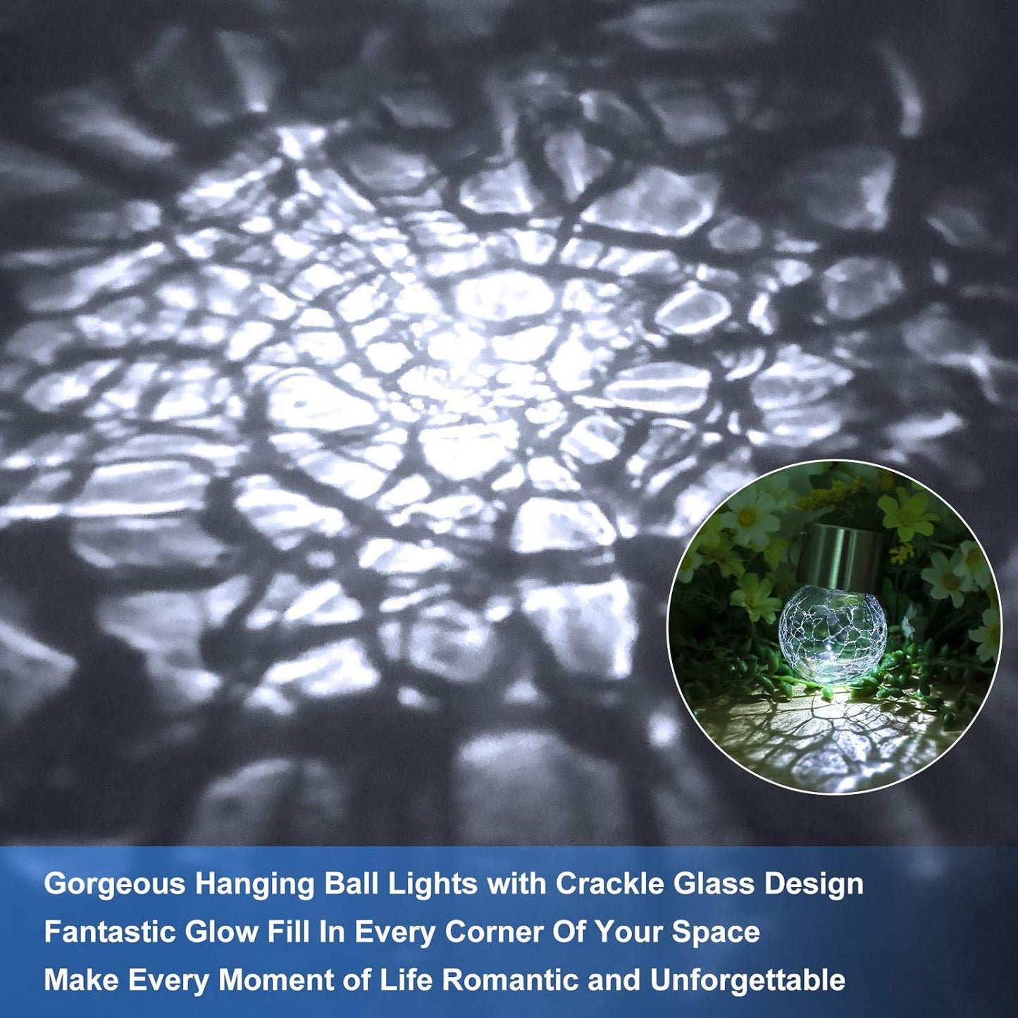 12Pack Outdoor Hanging Solar Lights - Solar Powered Crackle Glass Ball Lights Waterproof Tree Hanging Outdoor Globe Lights with Hook for Garden Balcony Patio Christmas Party Decoration, Daylight White