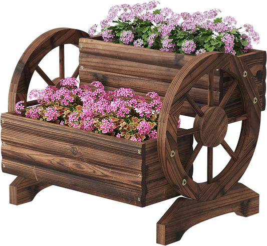 Wooden Flower Cart with Wheels Wooden Wagon Planter Outdoor Garden Planter, Decor Planter for Patio Balcony Decoration Succulent Flower Pot Flower Cart for Indoor Backyard Balcon Décor