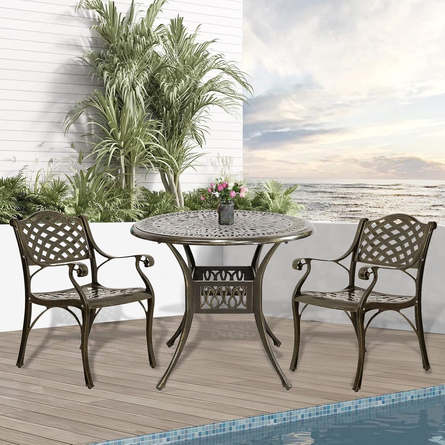 3-Piece Outdoor Patio Dining Set, All-Weather Cast Aluminum Patio Furniture Set for Backyard Garden Deck with 2 Chairs and 35.4” Round Table, 2" Umbrella Hole