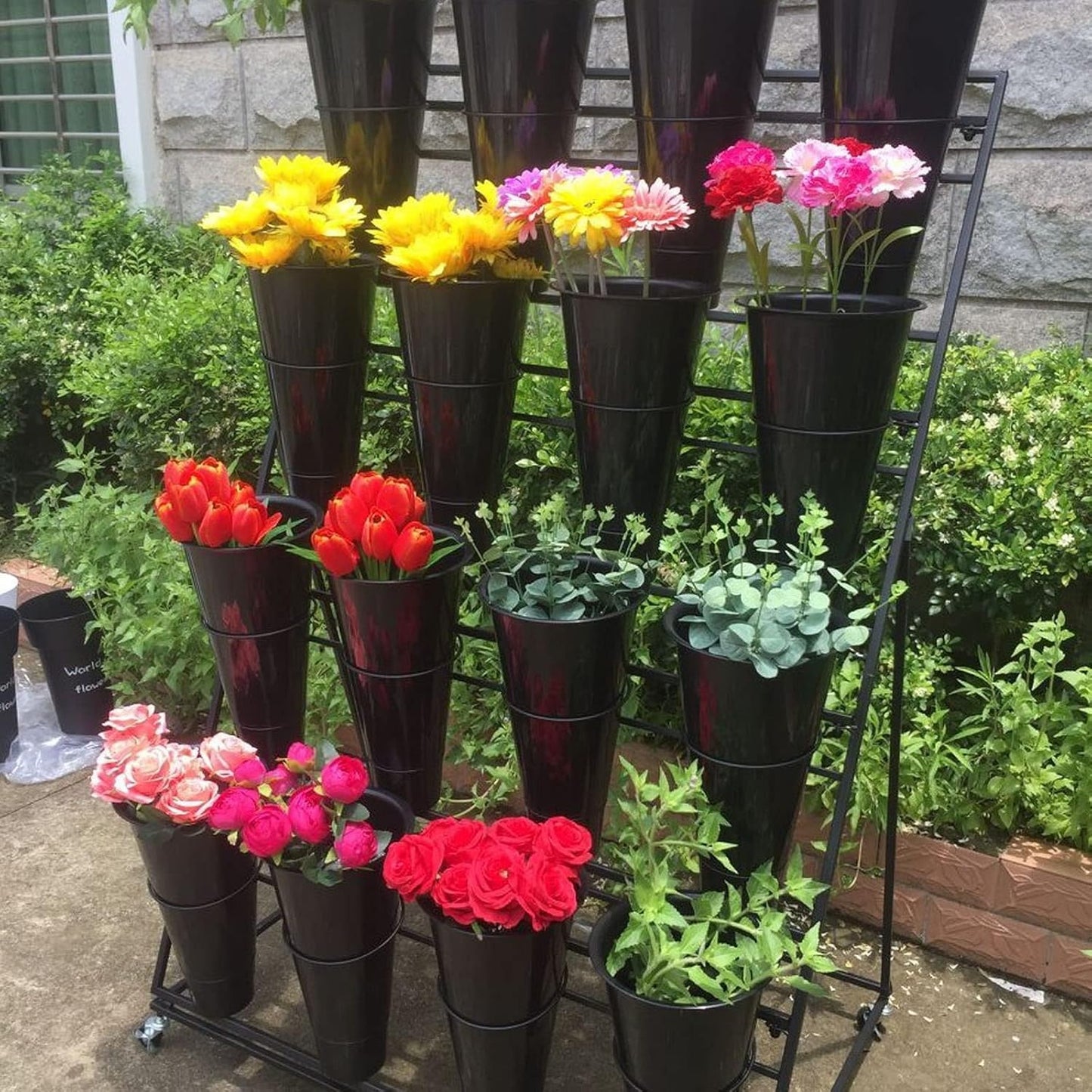 Flower Display Stand, 3-Layer Heavy-Duty Mobile Plant Cart shelve with Wheels, with Plastic Buckets, Easy to Install, Suitable for Indoor and Outdoor Balcony Courtyard Garden Art Exhibitions