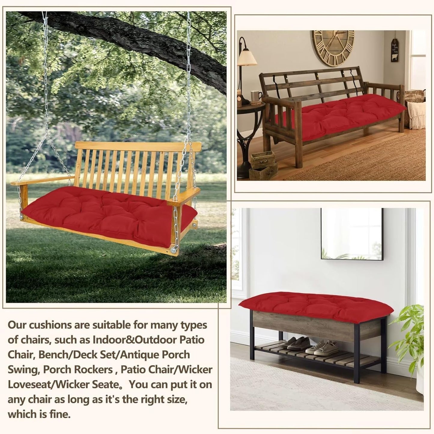 47.3 in Waterproof Indoor/Outdoor Garden Bench Seat Cushions，Thicken Patio Bench Soft Rocking Chairs Pad Lounger Seat for Wicker Loveseat Settee（47.3 X 19.6 X 3.9 inch，Red ）