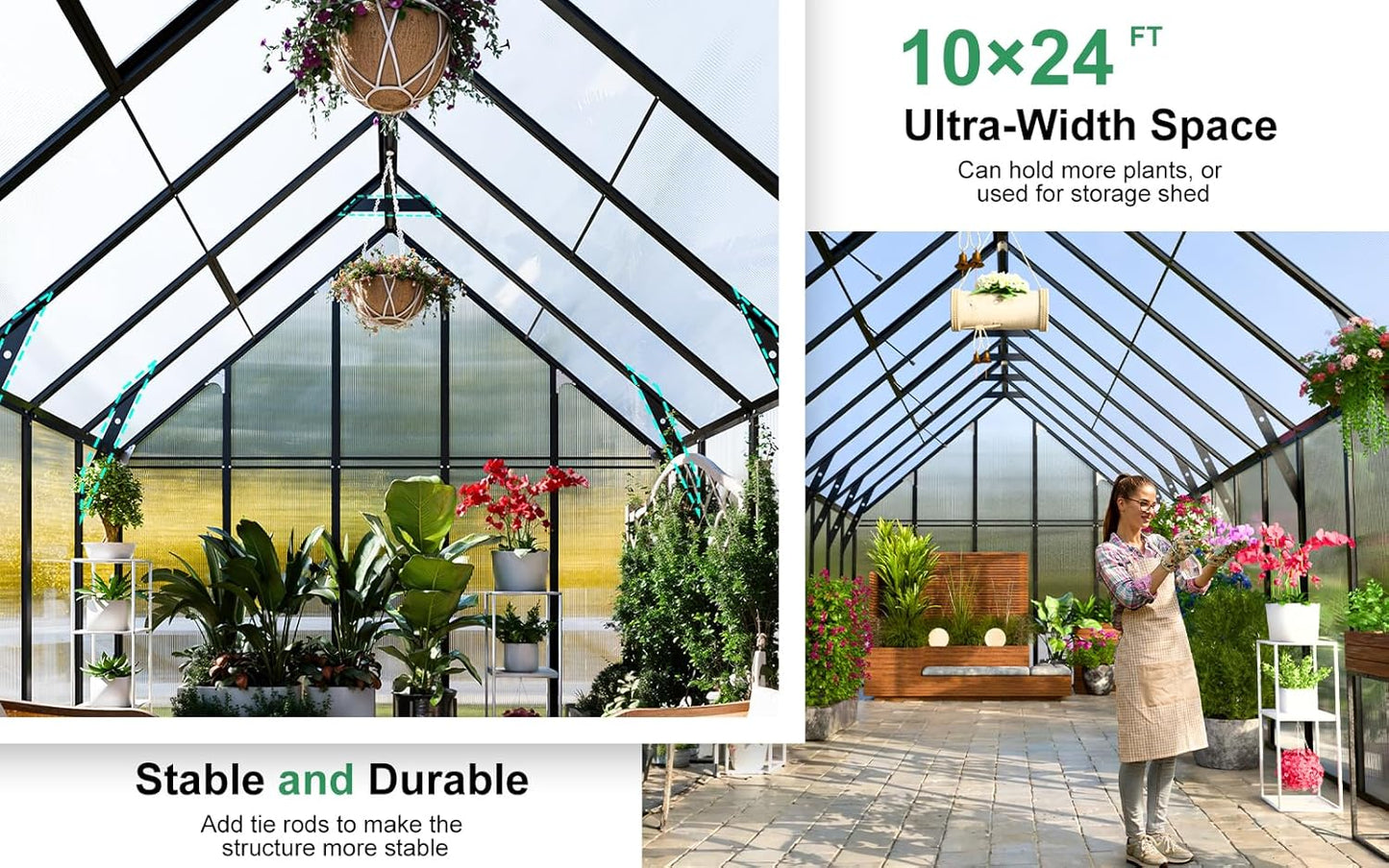 CDCASA 10x24 FT Greenhouse for Outdoors,Large Easy Assembly Thicker Aluminum Polycarbonate Greenhouses w/5 Windows, Double Door, Walk-in Green House for Outside,Patio,Backyard,Garden