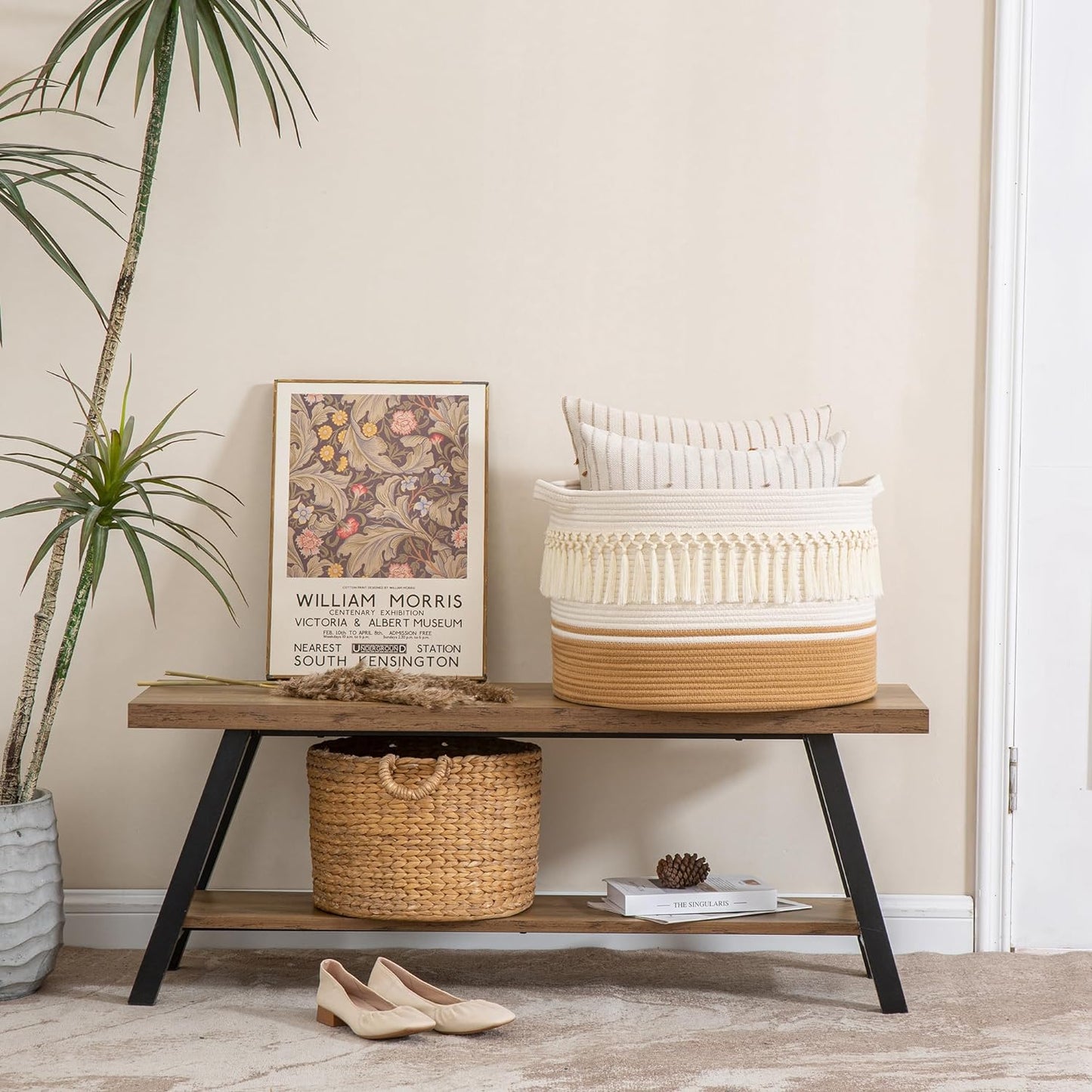 KAKAMAY Large Blanket Basket (20"x13"),Woven Baskets for storage Baby Laundry Hamper, Cotton Rope Blanket Basket for Living Room, Laundry, Nursery, Pillows, Baby Toy chest (Brown Fringe)