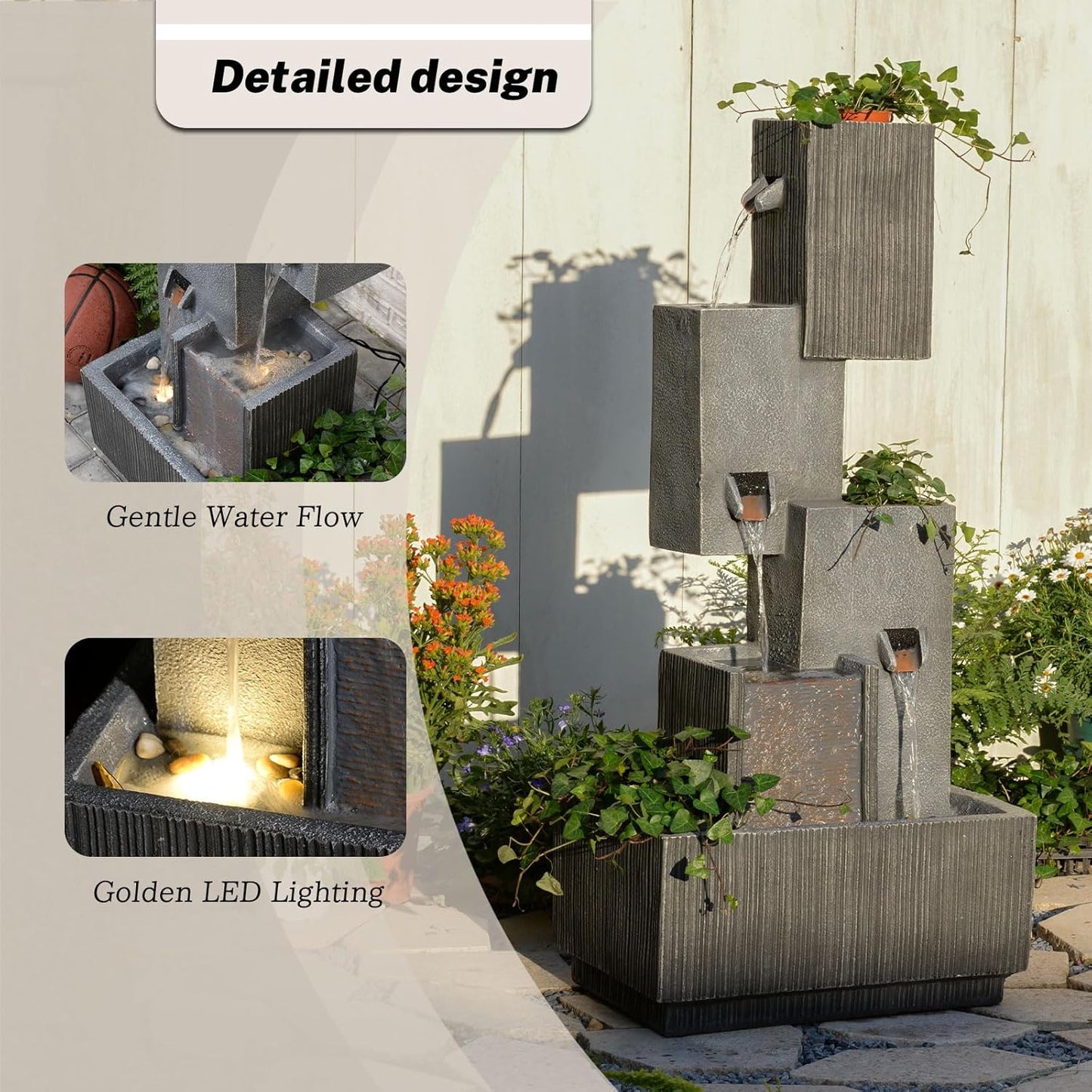 Outdoor Waterfall Fountain with LED Lights – 41.3" Tiered Resin Garden Fountain for Patio, Yard, or Backyard – Weather-Resistant Design Modern Decor