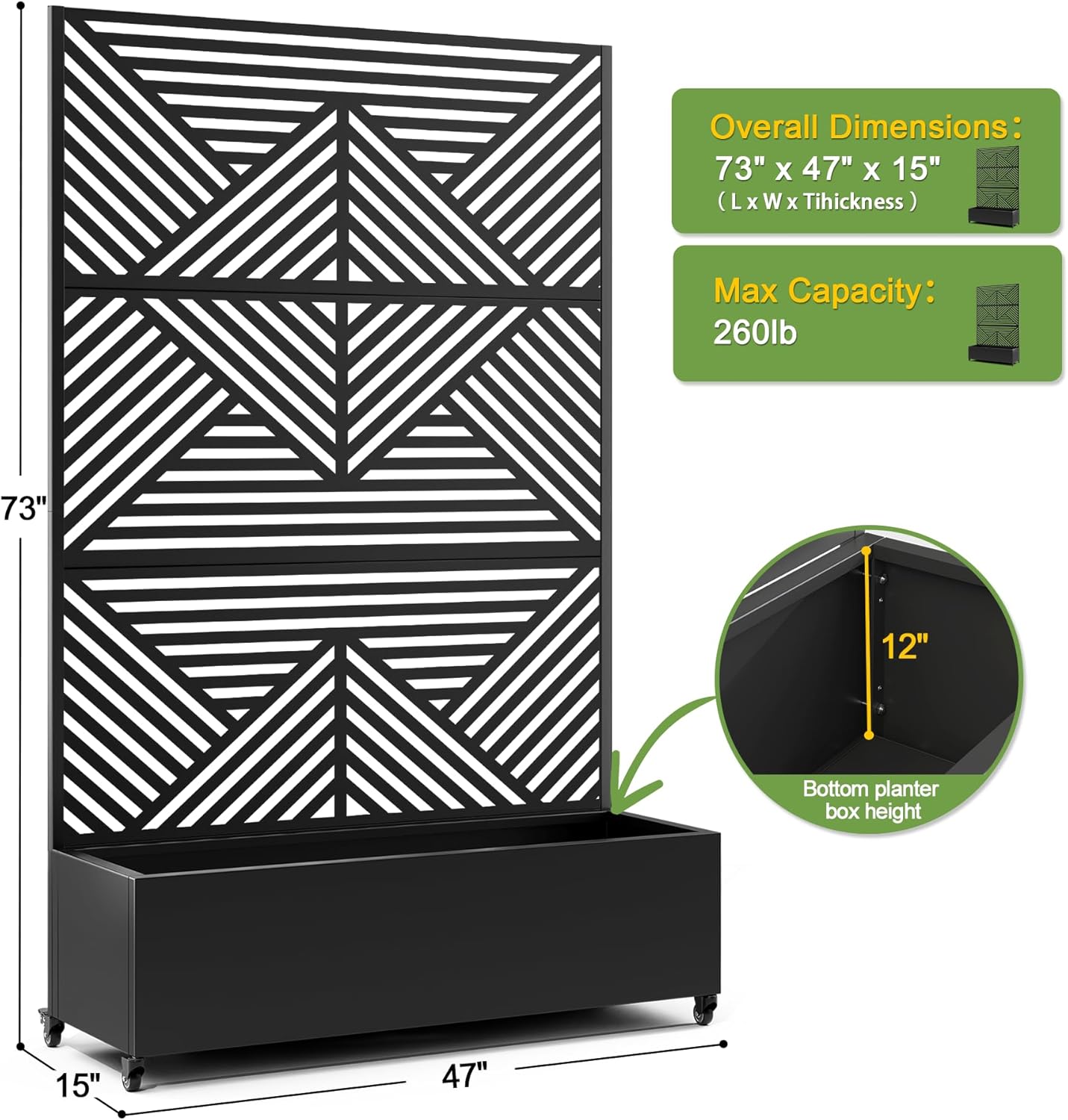 FENCY Metal Raised Garden Bed with Wheels and Trellis,73"x47"x16" Planter Box for Climbing Plants, Vegetables & Vines, Features Privacy Screen and Drainage Holes (Black-Modern)